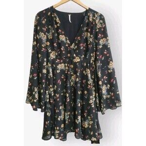 Free People Dress Women's Medium Lilou Black Floral Bell Sleeve Boho Belted